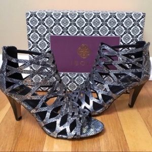ISOLA Dedra Snake Print Metallic Leather Silver Caged Peep Toe Sandals Size 9.5M